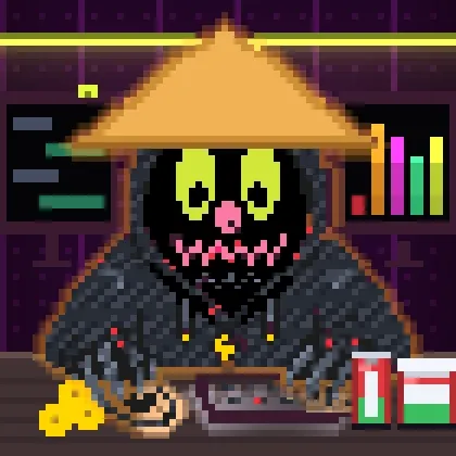 A black cat character from the Tradooor NFT collection (#6162), wearing an Asian conical hat, is pixel-art styled with green-glowing eyes and a menacing grin, surrounded by lab glassware, colored bar charts, and cheese. The composition mirrors the cautionary "trader" theme—depicting one who experiments in markets with risky combinations—matching the recent sale of this NFT for 0.0567 ETH between wallets on OpenSea.