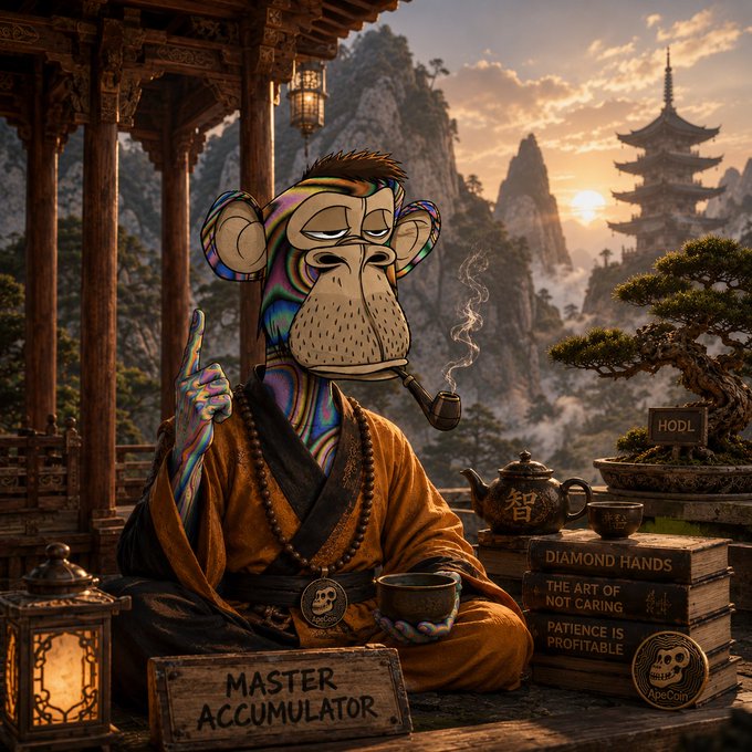 An AI-generated image features a monkey in monk robes labeled 'MASTER ACCUMULATOR' smoking a pipe, surrounded by crypto-themed items like 'HODL' and 'DIAMOND HANDS' in a temple setting.