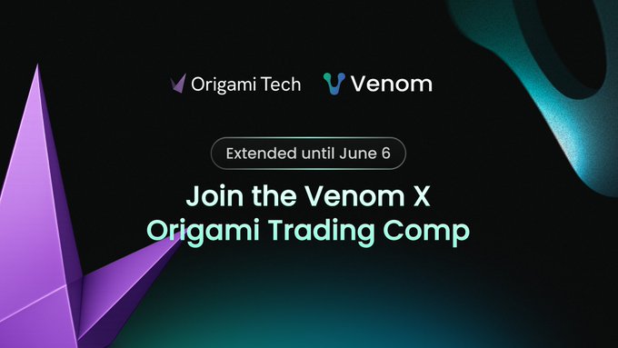 The image features a banner with text that announces a competition for origami enthusiasts to join. The poster explains that the extension has ended until June 6, and there is still time to participate and win your share of the prize pool, which is set at $187,000. The main focus of the post is on the Venom X Origami Tech Competition, inviting users to become a part of this unique event where they can create origami designs using the Venom X Trading Comp app.