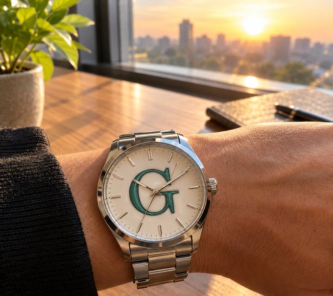 A wristwatch with a white face and green 'CG' monogram is worn on a wrist, with a sunset cityscape visible through a window in the background.