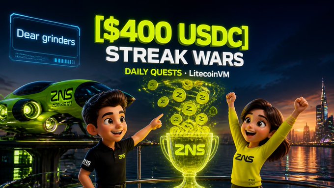 Promotional graphic for a $400 USDC Streak Wars event featuring Daily Quests on LitecoinVM, showing two animated characters next to a glowing trophy with ZNS-branded car and a 'Dear grinders' message.