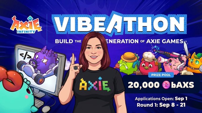 Axie Infinity 'VIBEATHON' event banner with a 20,000 bAXS prize pool, showing a woman pointing upward with Axie characters, applications opening September 1 and Round 1 from September 8-21.