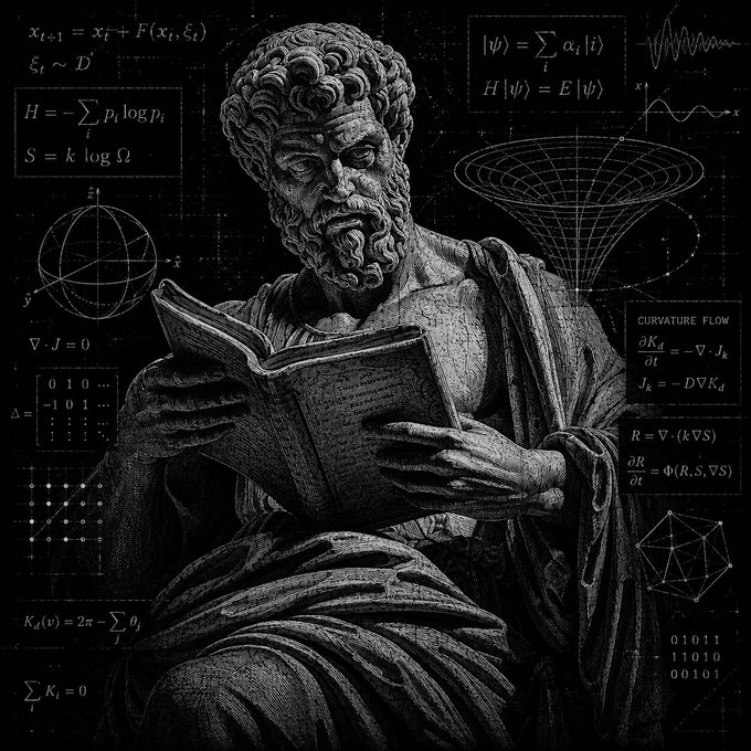 This image depicts a classical statue surrounded by complex scientific and mathematical equations, evoking a sense of profound knowledge and discovery. The image relates to the post by illustrating the intellectual foundation and complex calculations likely involved in developing and operating advanced trading agents like the one mentioned in the text.