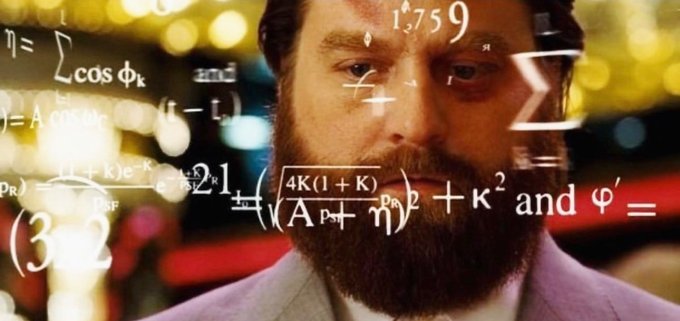 Portrait of a bearded man overlaid with mathematical equations and formulas including summation symbols and Greek letters.