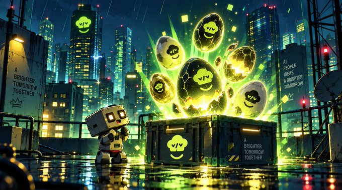 An AI-generated illustration depicting a small robot character gazing at an open glowing crate filled with floating smiling egg-shaped characters with 'viv' logos, set against a futuristic rainy cyberpunk cityscape with 'A BRIGHTER TOMORROW TOGETHER' billboards.