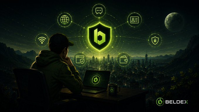 A digital illustration of a person in a cap sitting at a desk with a laptop displaying a green logo, with various tech and security icons floating above them against a city skyline at night, featuring 'BELDEX' in the corner.