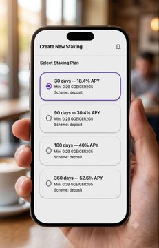 A close-up of a smartphone displays the "Create New Staking" screen on the Cassator platform, highlighting a 30 days — 18.4% APY option along with other plans including 90 days (30.4%), 180 days (40%), and 360 days (52.6%) APY tiers. The image visually reinforces the post's promotion of flexible, high-yield staking options tailored to different investment timeframes.
