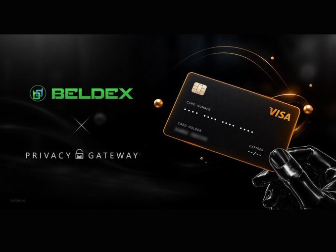 A promotional graphic for BELDEX x PRIVACY GATEWAY featuring a sleek black Visa credit card held by a robotic hand against a dark background.
