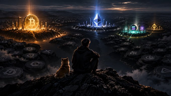 A digital artwork showing a person and a cat overlooking a futuristic cityscape with glowing Bitcoin, Ethereum, and other cryptocurrency symbols rising from the landscape.
