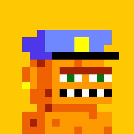 A pixel art image of an orange character with green eyes, sharp teeth, and a blue police-style cap on a yellow background.