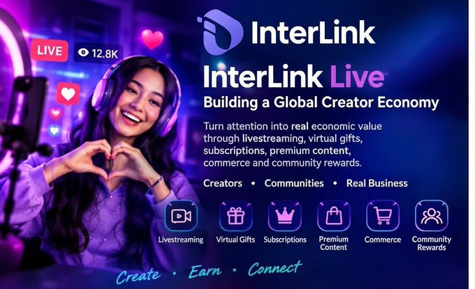 A promotional graphic for 'InterLink Live - Building a Global Creator Economy,' showing a livestreamer making a heart shape with her hands and highlighting features like Livestreaming, Virtual Gifts, Subscriptions, Premium Content, Commerce, and Community Rewards.