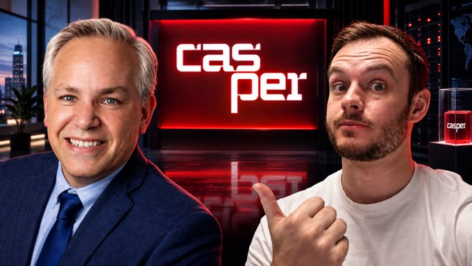 A news graphic displays the Casper logo on a red screen between images of two men; the man on the right points toward the logo.