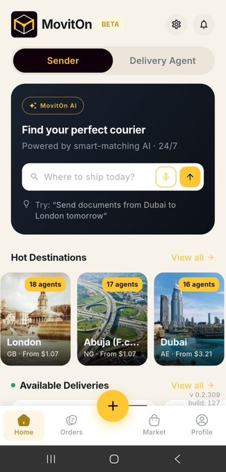 A mobile app interface for 'MovitOn' (BETA) featuring a search bar to find a courier and hot destination options like London, Abuja, and Dubai.