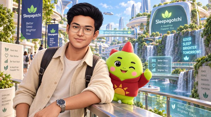A digital illustration featuring a young man with glasses next to a green Sleepagotchi character in a futuristic city setting, with signs promoting slogans like 'Better Sleep Brighter You' and 'A Healthier Happier You'.
