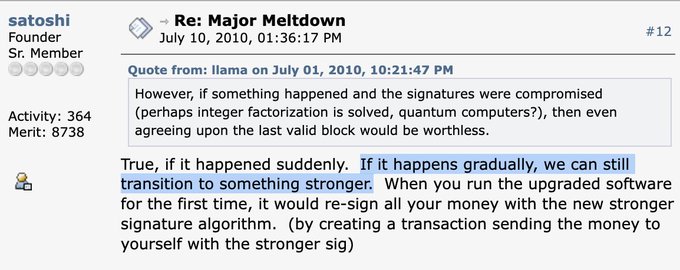 A forum post screenshot from BitcoinTalk by user 'satoshi' (Sr. Member with 8738 merit) dated July 10, 2010, replying to a thread titled 'Major Meltdown' about signature algorithm upgrades and transitioning to stronger cryptography if Bitcoin's signatures were compromised.