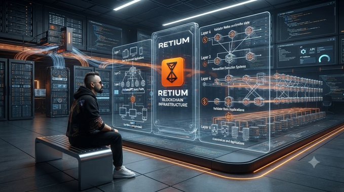 A futuristic scene of a person sitting in a server room facing a large holographic display labeled 'RETIUM BLOCKCHAIN INFRASTRUCTURE', showing various technical layers and network diagrams.