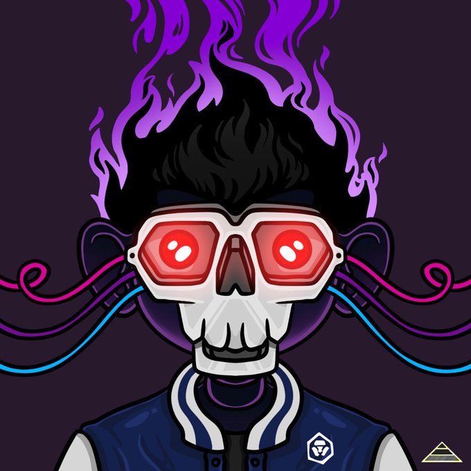 Digital artwork of a skeleton character with purple flames for hair, wearing sunglasses with glowing red lenses and a dark jacket with cables.