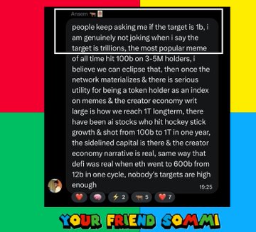 A screenshot of a tweet from crypto influencer Ansem (@blknoiz06) arguing that "the target is trillions," claiming memecoins can hit 100B on 3-5M holders and citing past examples like DOGE's 600B peak, tied to a post asking whether his $ANSEM token can reach a trillion-dollar market cap.