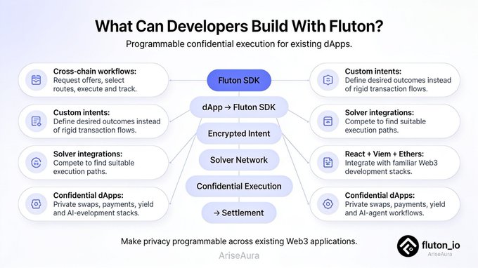 An infographic titled "What Can Developers Build With Fluton?" showing programmable confidential execution capabilities for dApps including cross-chain workflows, custom intents, and confidential dApps.