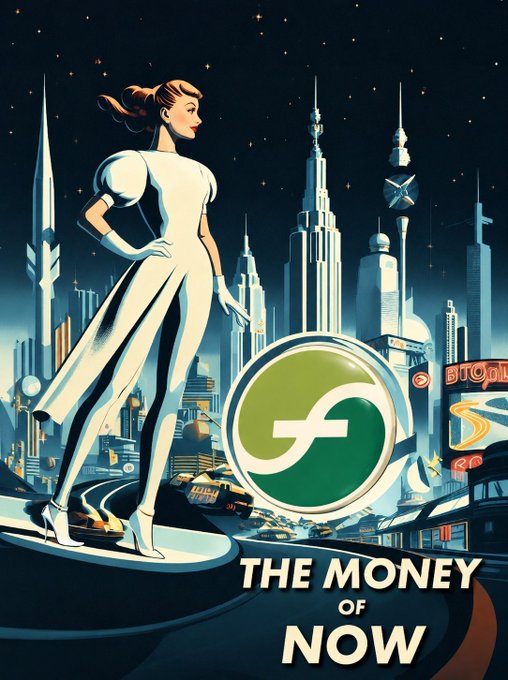 A retro-futuristic illustration of a woman in a white dress standing on a flying vehicle against a city skyline, next to a green crypto logo and the text 'THE MONEY OF NOW'.