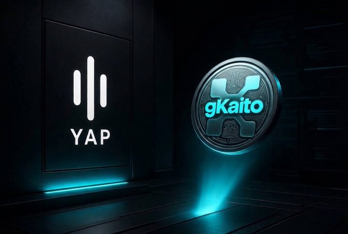 A stylized digital graphic displays a 'YAP' logo on a glowing wall panel beside a floating metallic coin labeled 'gKaito' with a cyan glow.