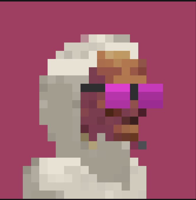 A pixel-art portrait on a magenta background depicting a bearded figure wearing white headwear and sunglasses with a pink/purple lens band.