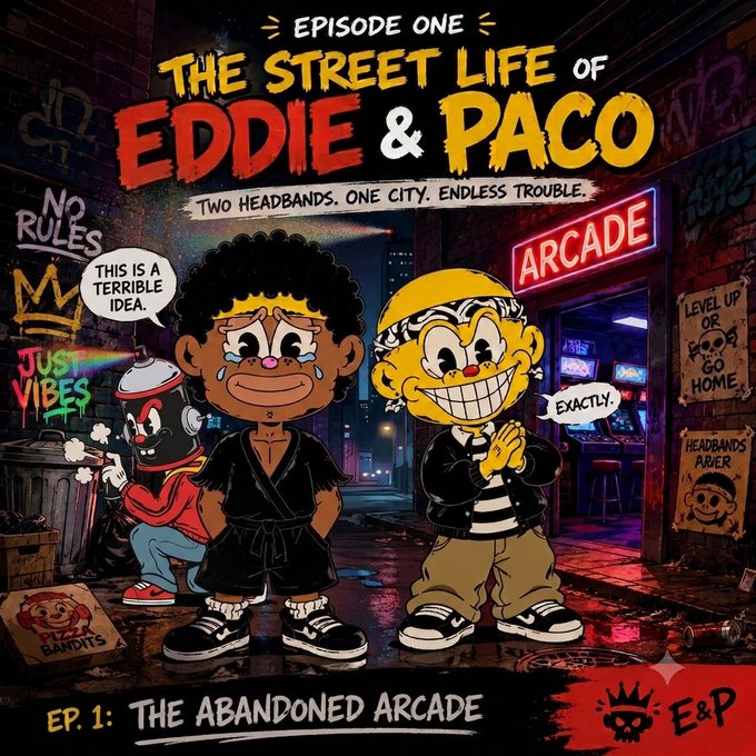 Comic-style poster for 'Episode One: The Street Life of Eddie & Paco - Ep. 1: The Abandoned Arcade,' featuring two cartoon characters in front of an arcade.