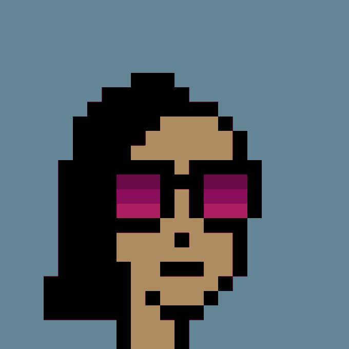 A pixel art portrait of a character with dark hair, tan skin, and closed magenta/pink eyes set against a blue background.