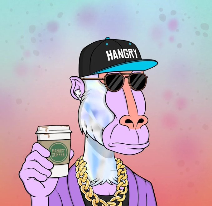 The image features a cartoon monkey wearing sunglasses, a hat with the word "hangry", and holding a cup of coffee. The background has splashes of pink and blue colors, which could be related to the coffee or the theme of the post. The caption reads "Boons love coffee $HBAR".