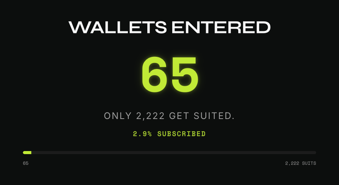A dark screen displaying 'WALLETS ENTERED 65' in green and white text, noting 'ONLY 2,222 GET SUITED.' and '2.9% SUBSCRIBED' above a progress bar.