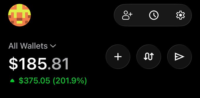 A crypto wallet dashboard displays a total balance of $185.81, showing a significant gain of $375.05 (201.9%), aligning with the celebratory tone of the post about being "saved" through NFT investments.