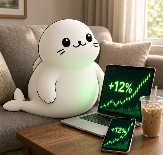 A cute white seal-like plush character sitting on a couch next to a laptop and phone, both displaying a green upward-trending chart with '+12%', alongside an iced coffee.
