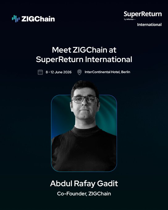 The image features a man wearing glasses, standing against a dark blue background. The text "Meet ZigChain @SuperReturn International" is displayed above him, indicating an event or gathering related to blockchain technology. The caption below the image reads "A decade ago, blockchain was asking for permission. Today, the world's largest investors are figuring out how to bring capital onchain." This suggests that the image might be promoting a conference or event where industry experts discuss and explore new developments in the field of blockchain technology.