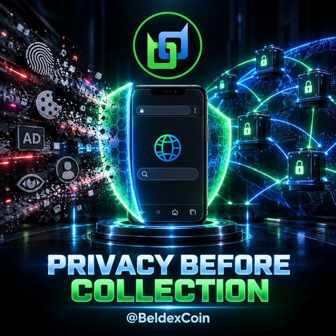 A promotional graphic for Beldex features a smartphone with a globe icon, surrounded by padlocks, with the text 'PRIVACY BEFORE COLLECTION' and '@BeldexCoin'.