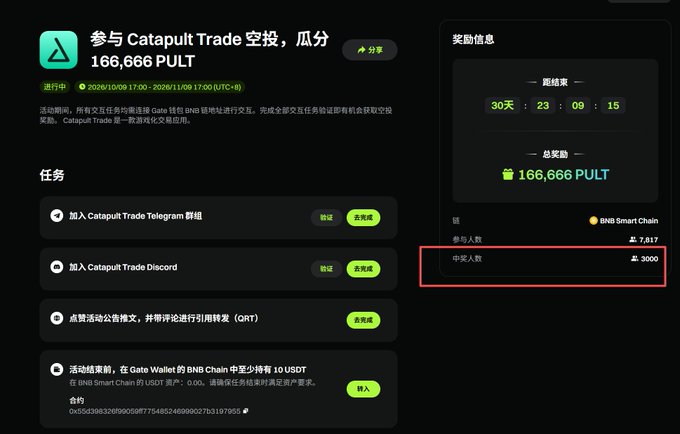 A Chinese-language crypto airdrop page for 'Catapult Trade' offering 166,666 PULT, with a red box highlighting '申请人数 3000' (number of applicants).