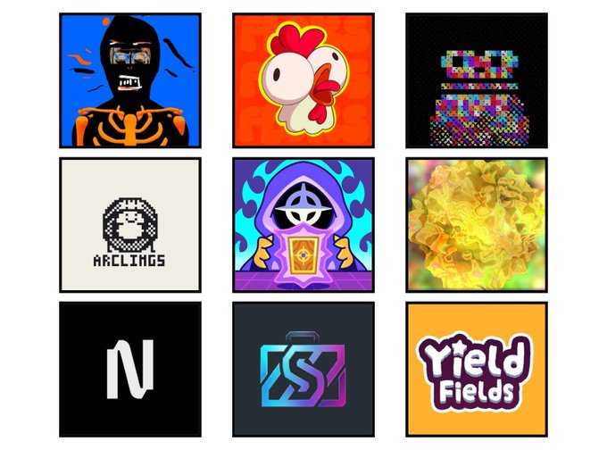 Grid of nine colorful digital NFT-style art pieces featuring various designs including a skeleton, chicken, hooded figure, pixelated items, and logos like "ARC.LINGS", "N", and "Yield Fields".