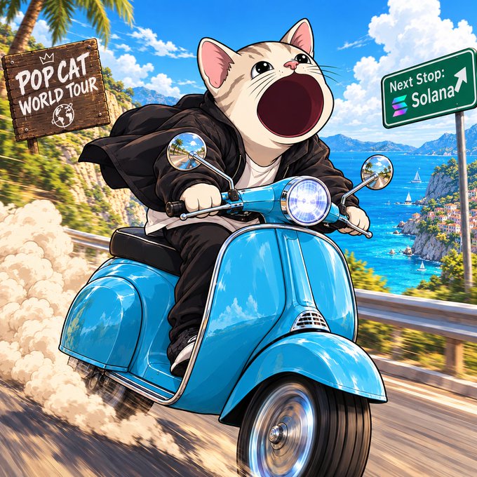 An anime-style illustration of a cat riding a blue scooter, with a wooden sign reading 'POP CAT WORLD TOUR' and a road sign pointing to 'Next Stop: Solana'.
