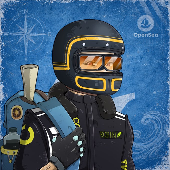 An NFT-style illustration of a motorcyclist wearing a black helmet with yellow trim and orange goggles, labeled "ROBIN," on a blue background with a compass and the OpenSea logo.