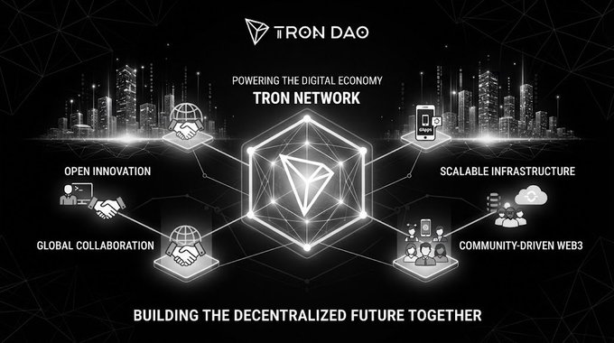 A promotional graphic for TRON DAO titled 'POWERING THE DIGITAL ECONOMY TRON NETWORK' and 'BUILDING THE DECENTRALIZED FUTURE TOGETHER', highlighting features like Open Innovation, Global Collaboration, Scalable Infrastructure, and Community-Driven Web3.