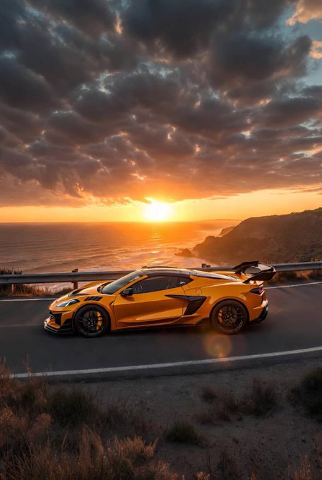 An orange sports car with a large rear wing is parked on a coastal road at sunset, with dramatic clouds and the ocean visible in the background.