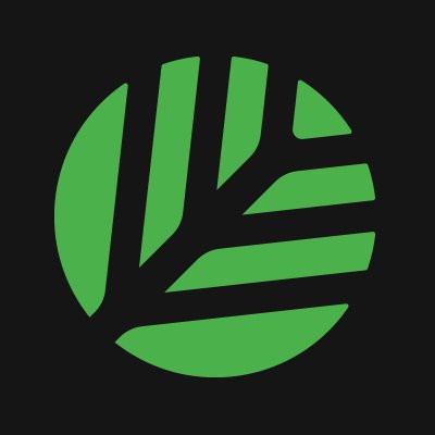 A simple green circular logo with stylized leaf/wing shapes on a black background.