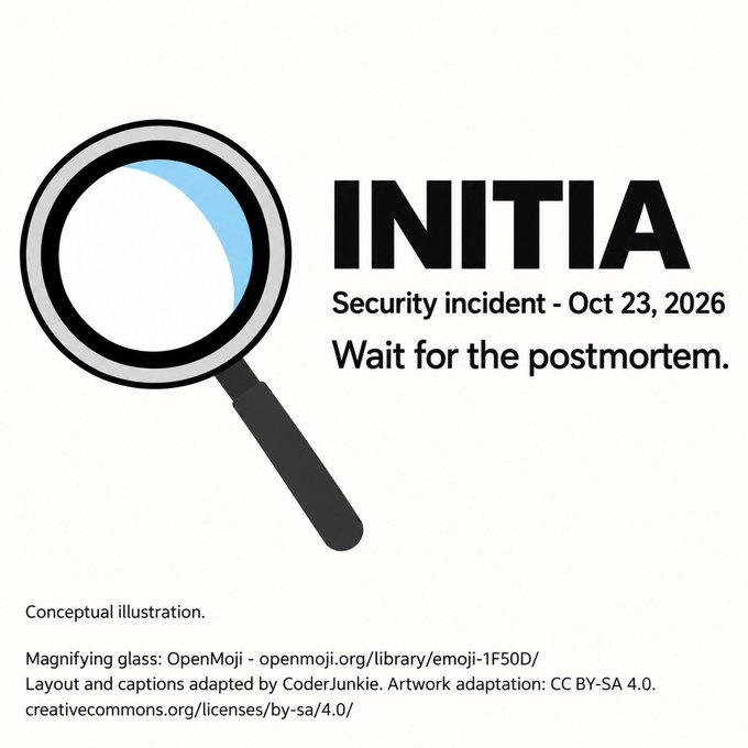 A conceptual illustration labeled “INITIA” shows a magnifying glass and the text “Security incident - Oct 23, 2026” and “Wait for the postmortem,” with credits for OpenMoji, CoderJunkie, and CC BY-SA 4.0.