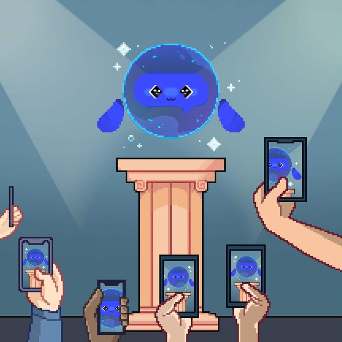 The image features a group of people taking pictures of an unusual blue object that appears to be a robot or space monster with large eyes, sitting atop a pedestal. Each person has their phone raised to capture the moment, making it an interesting and captivating scene. This gathering seems to revolve around this mysterious object, capturing attention as it is portrayed on social media platforms such as Instagram and Twitter. The post emphasizes the concept of SocialFi and how it utilizes AI-powered feeds for real creator rewards, self-custody wallets, and encrypted messaging. People's engagement with the image might indicate curiosity or interest in this innovative platform that seeks to revolutionize online interactions and ownership.