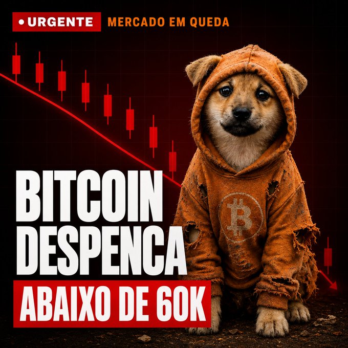 The image shows a brown dog wearing an orange sweater with "bitcoin" written on it, sitting next to a red line representing a 60% fall in value of Bitcoin as indicated by the caption below the photo.