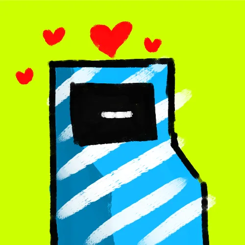 A drawing of a blue character with red hearts floating around it on a bright yellow-green background, accompanying a giveaway post for "RH BTC #6182" where winners will be selected by Grok.