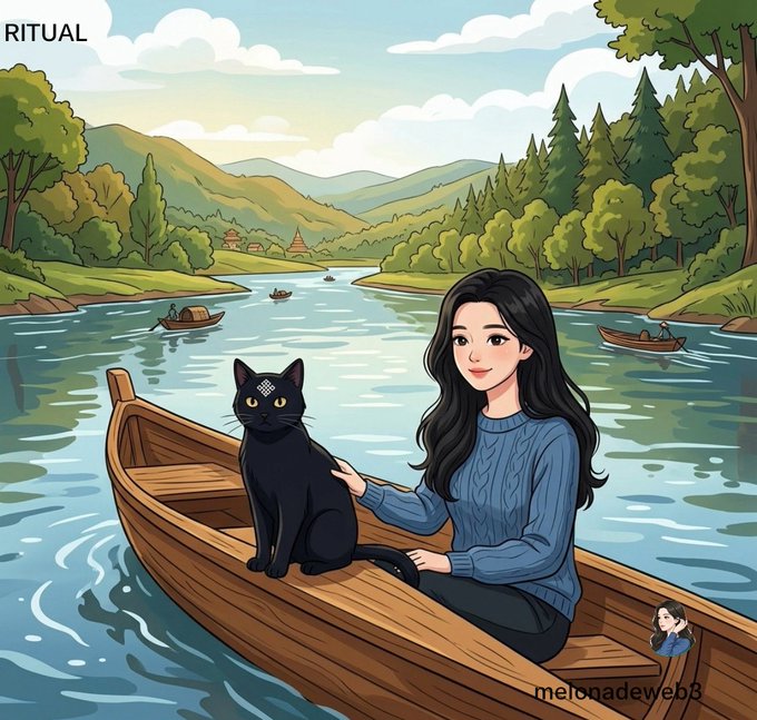 An illustrated scene labeled 'RITUAL' showing a young woman with long black hair in a blue sweater sitting in a wooden boat with a black cat on a river, with a forested landscape and small village in the background, watermarked 'melonadeweb3'.