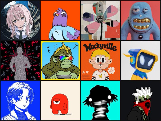 A 4x3 grid collage showcasing twelve distinct NFT artwork styles, ranging from anime portraits and cartoon characters to pixel art and abstract designs, with one piece clearly displaying the text "Wackyville." The collection appears to be a curated showcase of NFT projects from various creators tagged in the accompanying post.