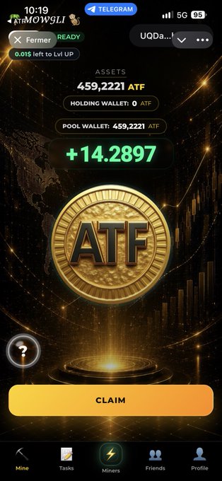Telegram-based ATF app showing 459,2221 ATF assets in the pool wallet with a daily mining rate of +14.2897 ATF and a CLAIM button.