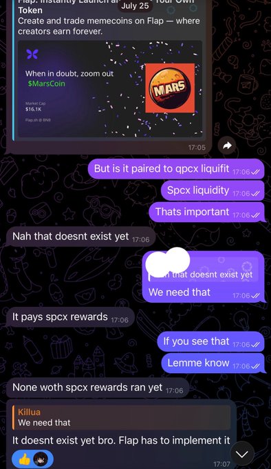 A Telegram chat screenshot shows users discussing "MarsCoin" and its pairing with QPCX/SPCX liquidity on the Flap platform, with someone noting "It pays spcx rewards" and another saying "It doesnt exist yet bro. Flap has to implement it." The message "We need that" appears multiple times, illustrating the early anticipation shared by the original poster, who calls themselves "a visionary" just one day before MarsCoin's launch on Flap.