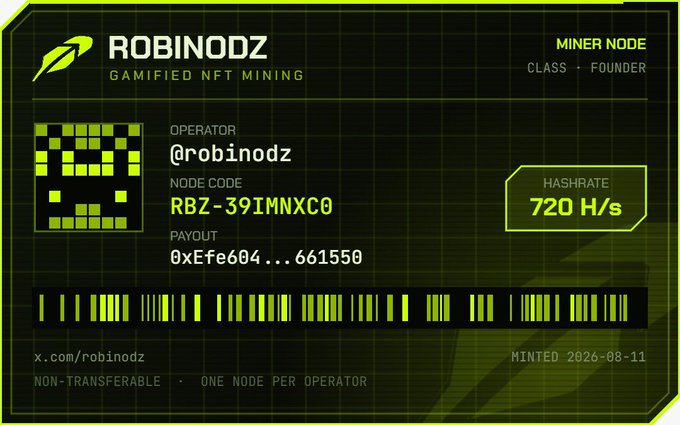 The image shows a digital "Miner Node" card for Robinodz Gamified NFT Mining, featuring operator @robinodz with node code RBZ-39IMNXC0, a hash rate of 720 H/s, and payout address 0xEfe604...661550, minted on 2026-08-11. The card, branded as "Class • Founder" and marked non-transferable, visually represents the NFT mining identity tied to the Robinodz registration launch mentioned in the post.